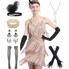 Load image into Gallery viewer, Flapper Dress 1920s Gatsby Tassel Sway Dance Dress with 20s Accs Set Sm Gold