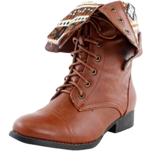 Load image into Gallery viewer, Women's Ankle Lace Up Combat Boots Bootie Two Way Fold Down Low Heels Cognac 6.5