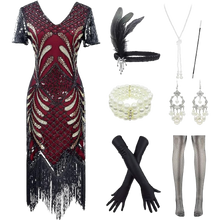 Load image into Gallery viewer, 1920s Sequins Gatsby Flapper Dress 20s Headband Accessories Set Large Black Red