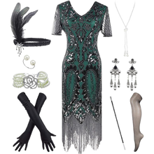 Load image into Gallery viewer, 1920s Sequin Fringe Flapper Dress Costume Accs Set with Sleeve Small Black&Green