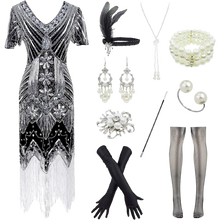 Load image into Gallery viewer, 1920s Sequins Gatsby Cocktail Flapper Dress Medium Black Silver