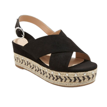 Load image into Gallery viewer, 9.5 A NEW DAY TRISTA CROSS TOE WOVEN PLATFORM BUCKLE BACK SANDALS, BLACK NWOB