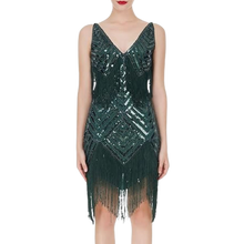 Load image into Gallery viewer, 1920s Great Gatsby Dress Sequin Flapper Dress Slip Mini Short Dress M Dark Green