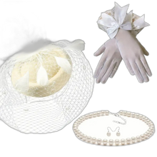 Load image into Gallery viewer, 4Pcs Beige Fascinator Hat Headband Short Gloves Faux Pearl Necklace & Earrings