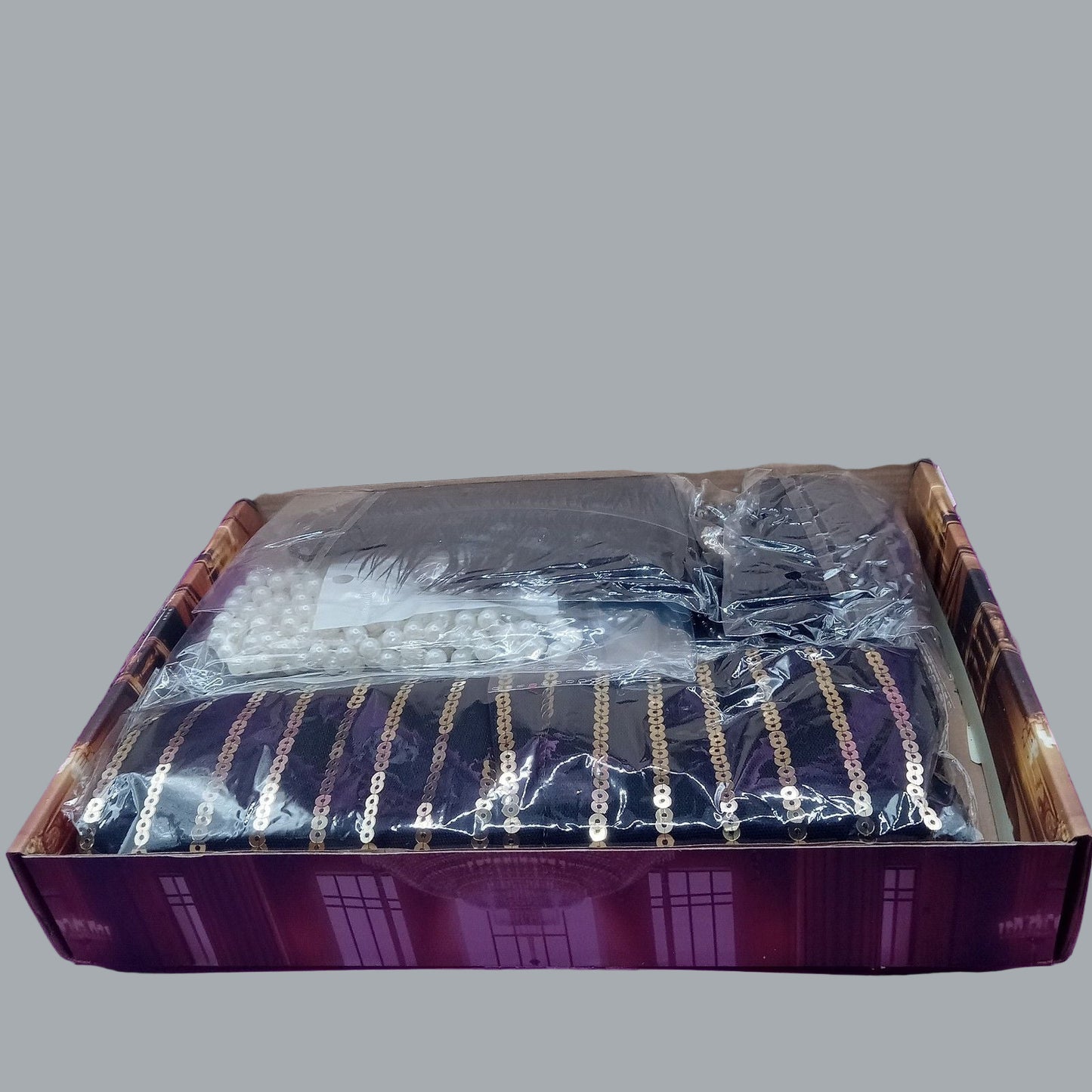 1920s V-Neck Sequin Beaded Fringed Dress Black Golden XL with 20s Accessorie Set