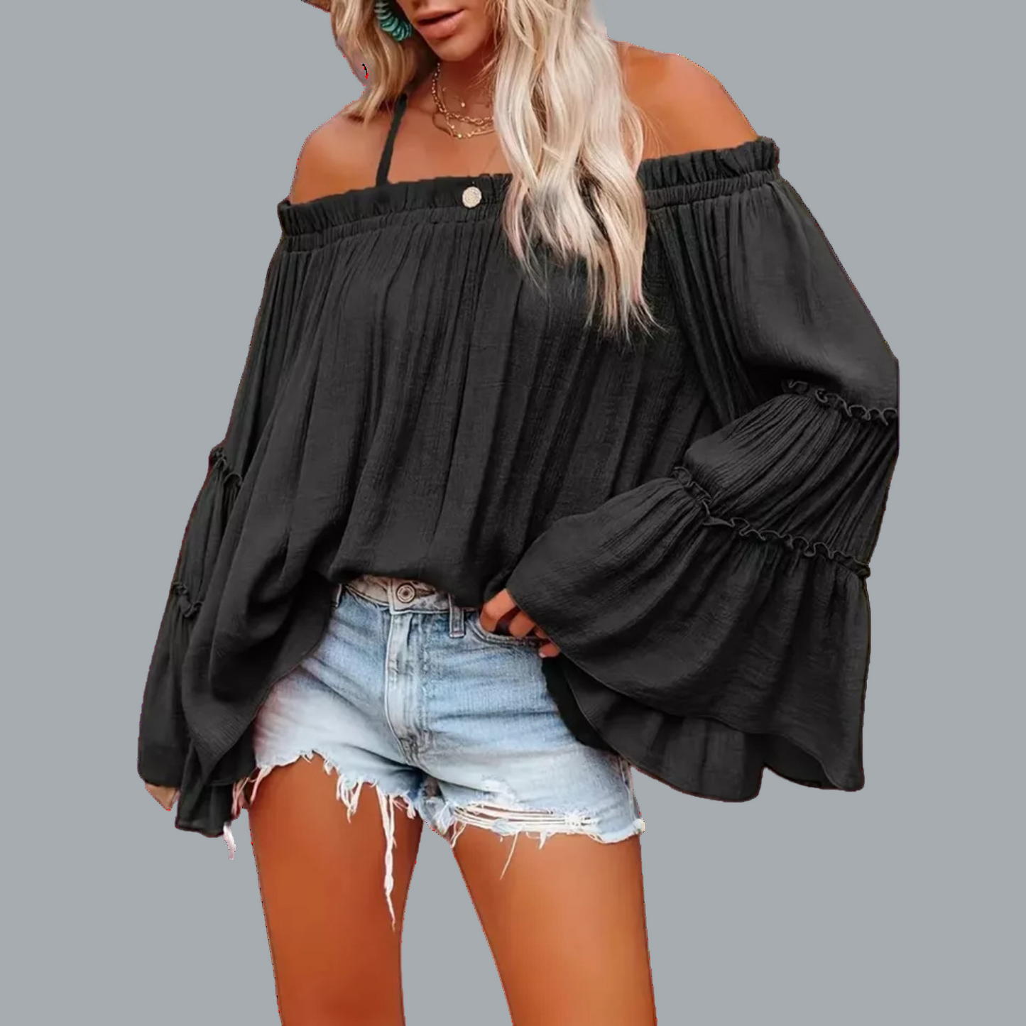 Ruched Spaghetti Strap Blouse Cold Shoulder Blouse Black Size 14