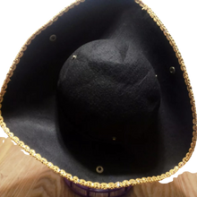 Load image into Gallery viewer, Golden Lace Trim Black Felt Pirate Triangle Hat With Snaps