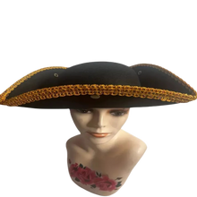 Load image into Gallery viewer, Golden Lace Trim Black Felt Pirate Triangle Hat With Snaps