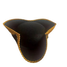 Load image into Gallery viewer, Golden Lace Trim Black Felt Pirate Triangle Hat With Snaps
