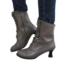 Load image into Gallery viewer, Victorian Gray High Heel Pointed Toe Zipper Boots Cross Lace Size 8 (41) Gothic