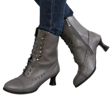 Load image into Gallery viewer, Victorian Gray High Heel Pointed Toe Zipper Boots Cross Lace Size 8 (41) Gothic