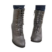 Load image into Gallery viewer, Victorian Gray High Heel Pointed Toe Zipper Boots Cross Lace Size 8 (41) Gothic