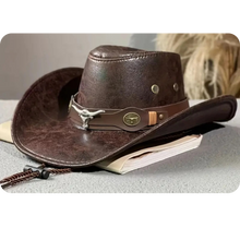 Load image into Gallery viewer, Large Brim Bull's Head Rivet Belt Outdoor Riding Hat Unisex Faux Leather