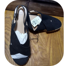 Load image into Gallery viewer, 9.5 A NEW DAY TRISTA CROSS TOE WOVEN PLATFORM BUCKLE BACK SANDALS, BLACK NWOB