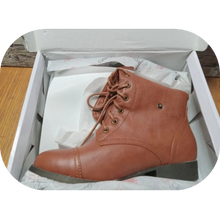 Load image into Gallery viewer, Women's Ankle Lace Up Combat Boots Bootie Two Way Fold Down Low Heels Cognac 6.5