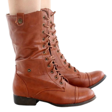 Load image into Gallery viewer, Women's Ankle Lace Up Combat Boots Bootie Two Way Fold Down Low Heels Cognac 6.5