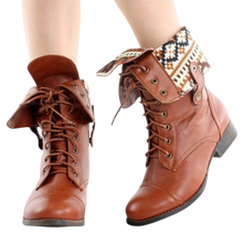 Load image into Gallery viewer, Women's Ankle Lace Up Combat Boots Bootie Two Way Fold Down Low Heels Cognac 6.5