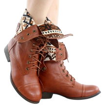 Load image into Gallery viewer, Women's Ankle Lace Up Combat Boots Bootie Two Way Fold Down Low Heels Cognac 6.5