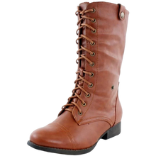 Load image into Gallery viewer, Women's Ankle Lace Up Combat Boots Bootie Two Way Fold Down Low Heels Cognac 6.5