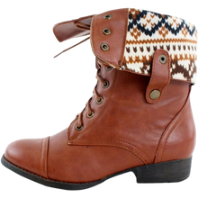 Load image into Gallery viewer, Women's Ankle Lace Up Combat Boots Bootie Two Way Fold Down Low Heels Cognac 6.5