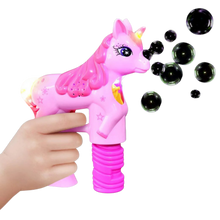 Load image into Gallery viewer, Unicorn Bubble Gun Bubble Blaster Toy for Party Favors Parent-Friendly Sound-Free Design, Extra Refill Bottle and Batteries Included