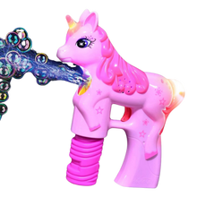 Load image into Gallery viewer, Unicorn Bubble Gun Bubble Blaster Toy for Party Favors Parent-Friendly Sound-Free Design, Extra Refill Bottle and Batteries Included