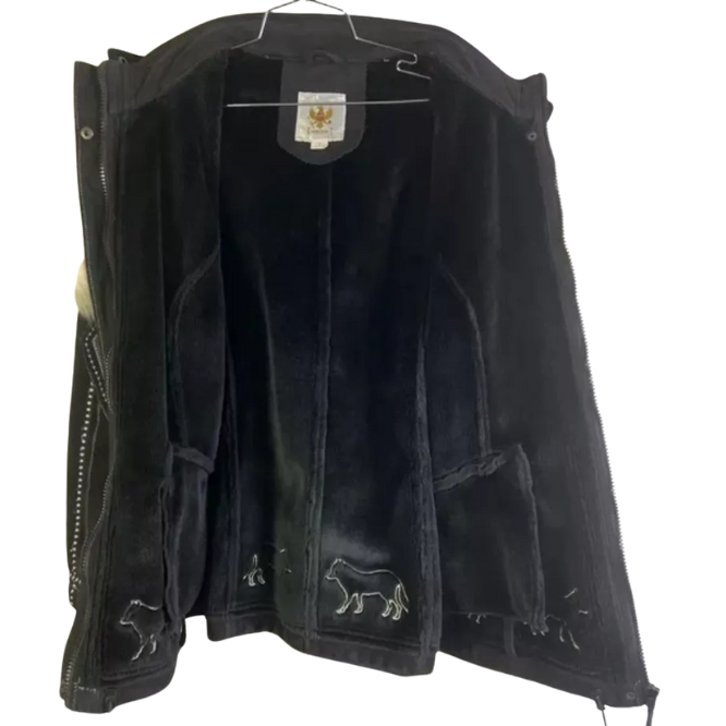 Vintage Women's Ameri Mode Faux Fur Embroidered Wolf Black Polyester Coat Size L