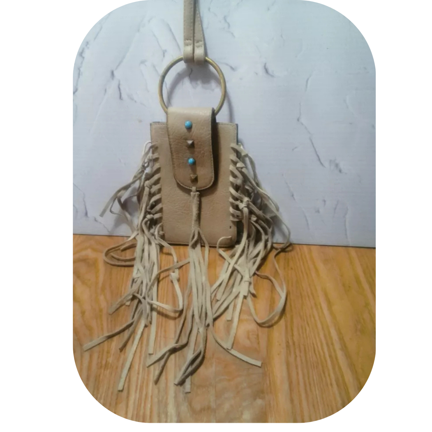 MUDD Tan Fringe Crossbody Phone Bag Boho Western Faux Turquoise Pre-owned