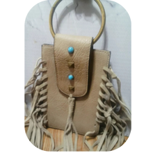Load image into Gallery viewer, MUDD Tan Fringe Crossbody Phone Bag Boho Western Faux Turquoise Pre-owned