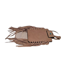 Load image into Gallery viewer, MUDD Tan Fringe Crossbody Phone Bag Boho Western Faux Turquoise Pre-owned