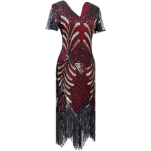Load image into Gallery viewer, 1920s Sequins Gatsby Flapper Dress 20s Headband Accessories Set Large Black Red