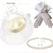 Load image into Gallery viewer, 4Pcs Beige Fascinator Hat Headband Short Gloves Faux Pearl Necklace & Earrings