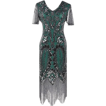 Load image into Gallery viewer, 1920s Sequin Fringe Flapper Dress Costume Accs Set with Sleeve Small Black&Green