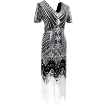 Load image into Gallery viewer, 1920s Sequins Gatsby Cocktail Flapper Dress Black Silver Sm Headband Accs Set
