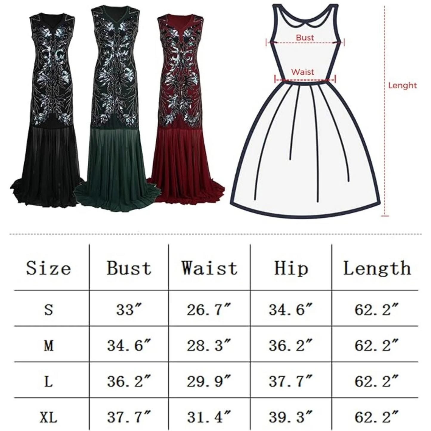 1920'S Mermaid Flapper Gown Party Evening Dress With Accessories Set Green Large