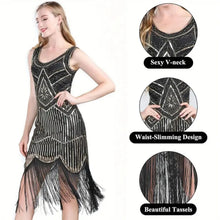 Load image into Gallery viewer, 1920s V-Neck Sequin Beaded Fringed Dress Black Golden XL with 20s Accessorie Set