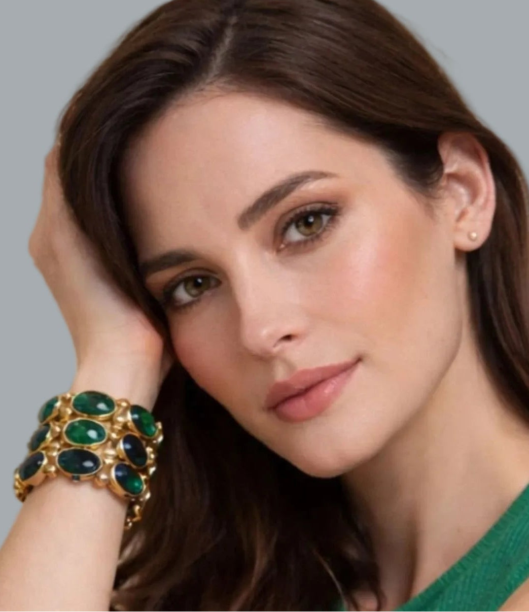 Gold Tone Green Oval Stone Stretch Bracelet 8" x 2" Chunky Statement