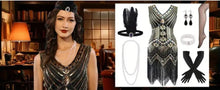 Load image into Gallery viewer, 1920s V-Neck Sequin Beaded Fringed Dress Black Golden XL with 20s Accessorie Set