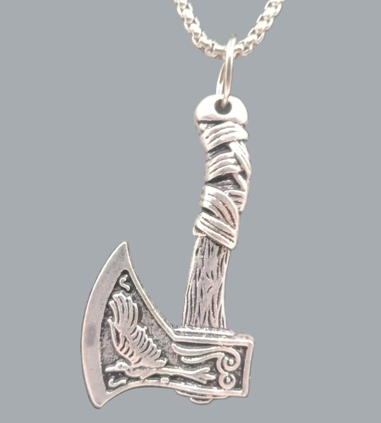 Viking Necklace Wolf Axe Celtic Pendant Nordic Amulet Silvertone 22" Chain
