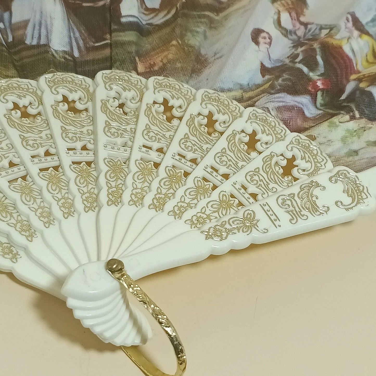 Vintage Style Lace Folding Hand Fan White & Gold Pastoral Scene 20"
