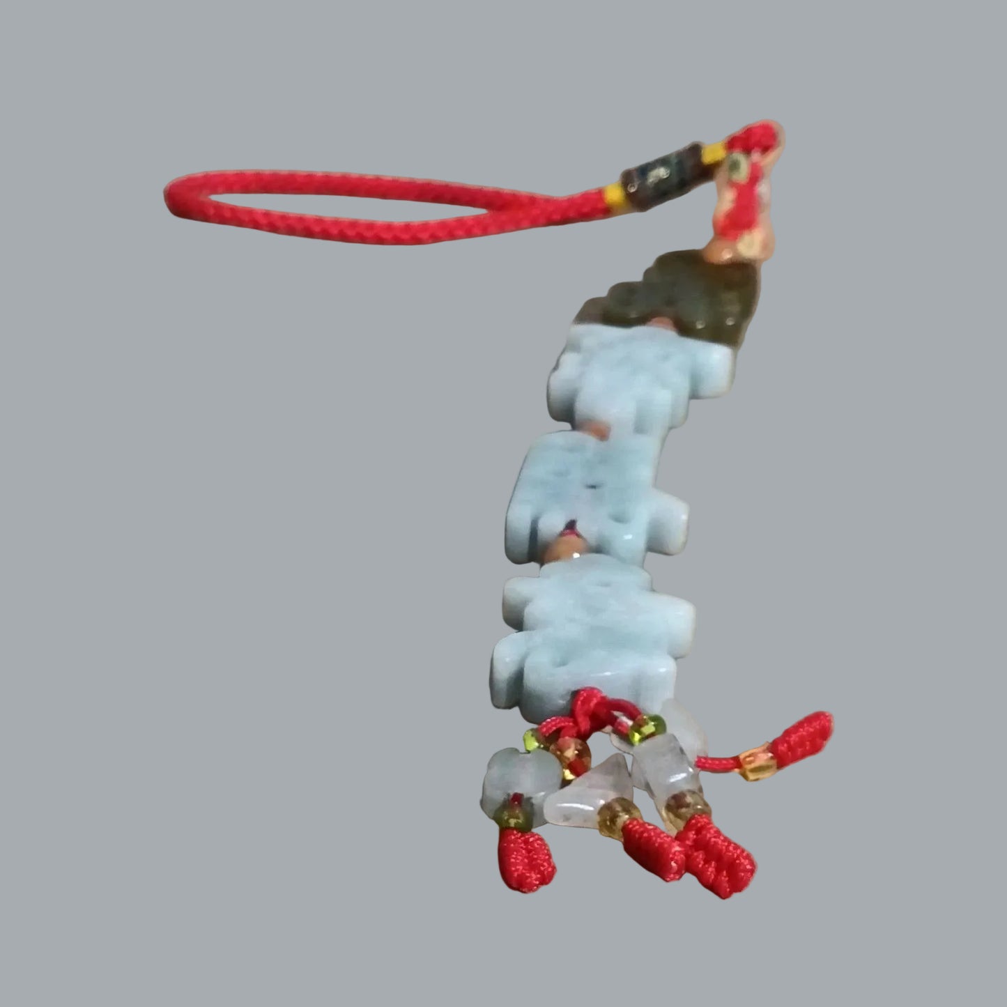 Carved 4 Stones Chinese Lucky Charm Red Cord Hanging Ornament Pendant 10" Long