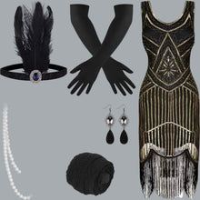 Load image into Gallery viewer, 1920s Black & Gold Sequin Fringe Dress w/ Feather Headdress | Size Large