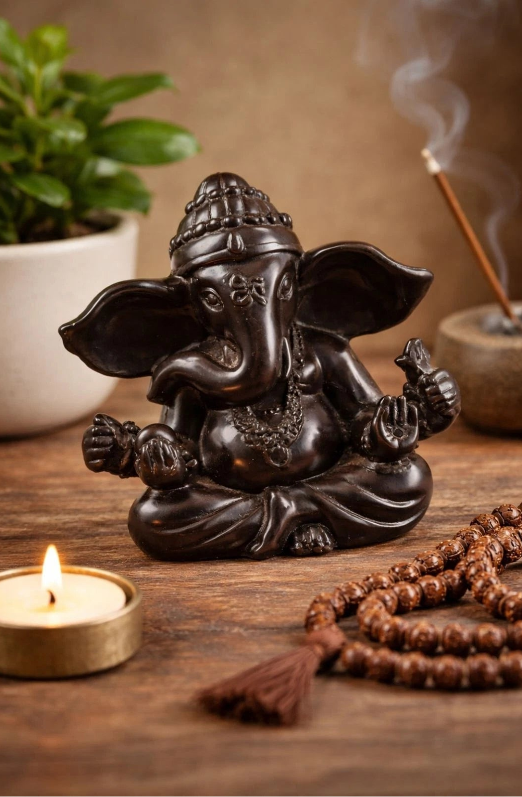 Carved Ganesha Statue Dark Resin Hindu Elephant God Figurine 5"