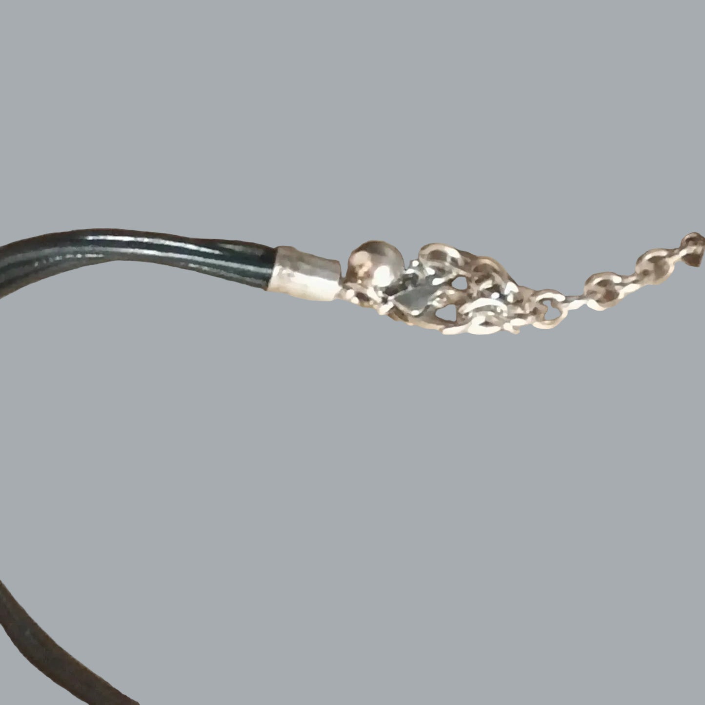 Silvertone Cat Eye Cabochon Floral Choker Necklace Black Cord 12” + Ext