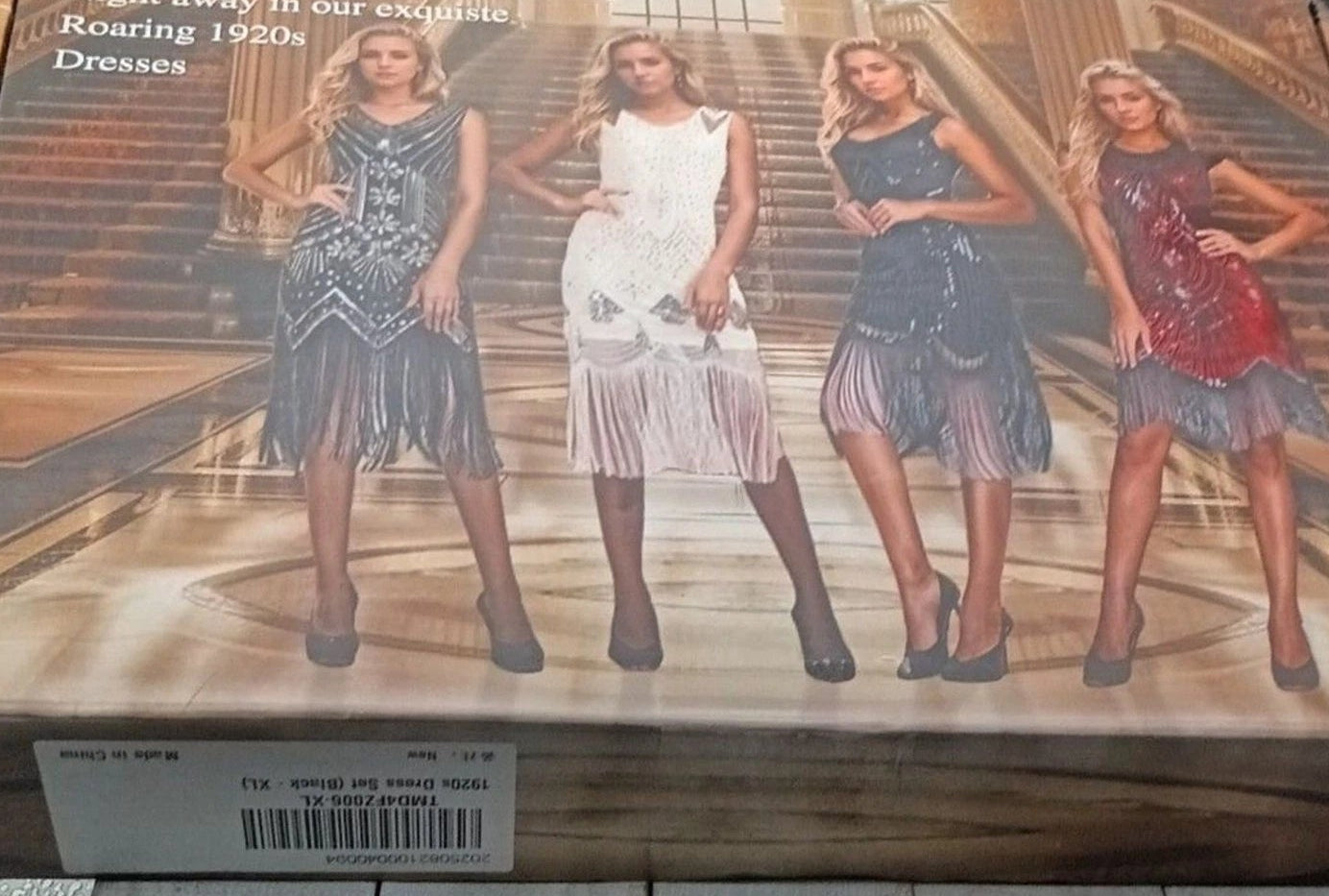 Sequin Dress 1920s Sequin Beaded V Neck Fringed Dress & 20s Accessories Set Lg