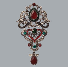 Load image into Gallery viewer, Vintage Filigree Brooch – Silver-Plated with Red, Green & Clear Rhinestones