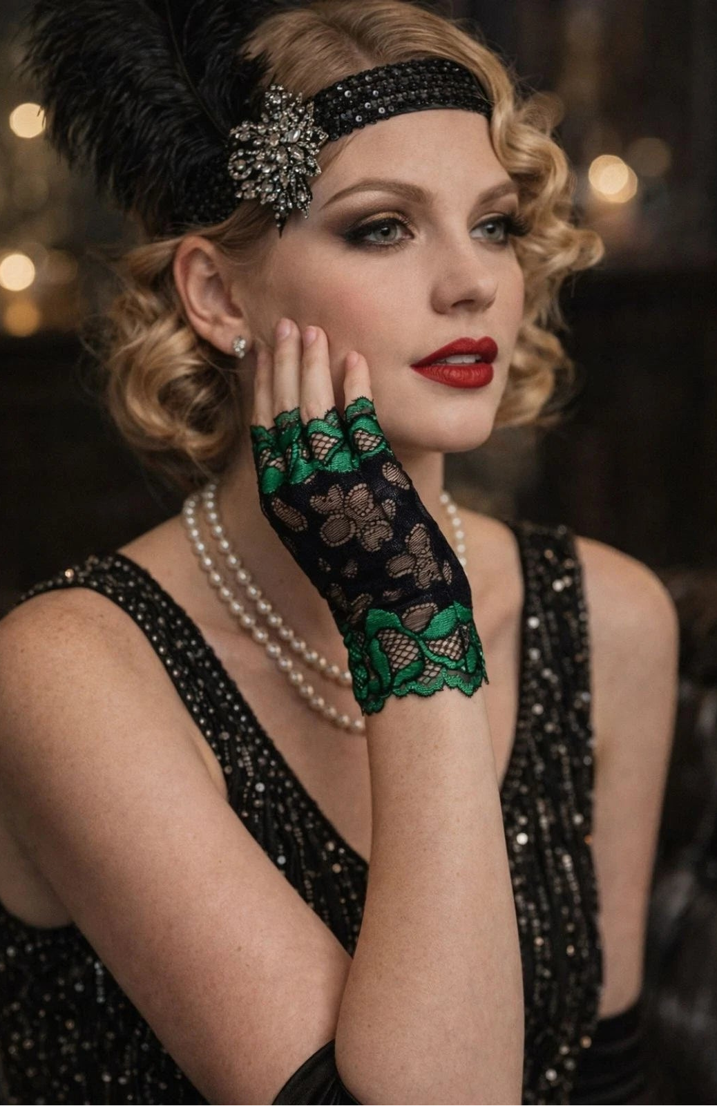 Green & Black Lace Half Finger Gloves | Breathable Elegant Pair
