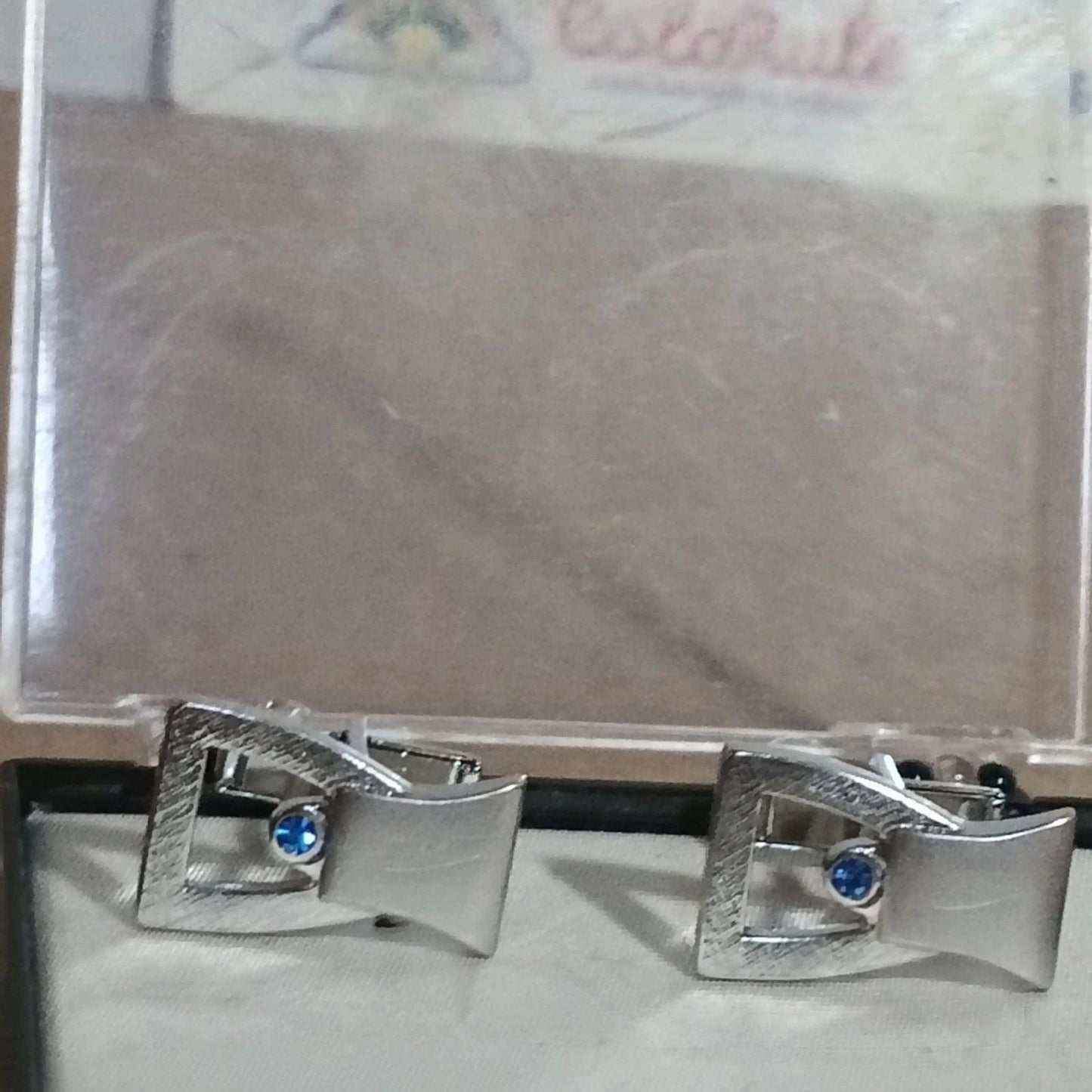 Mens Vintage Silver Tone Buckle Cufflinks Tie Clip Blue Rhinestone