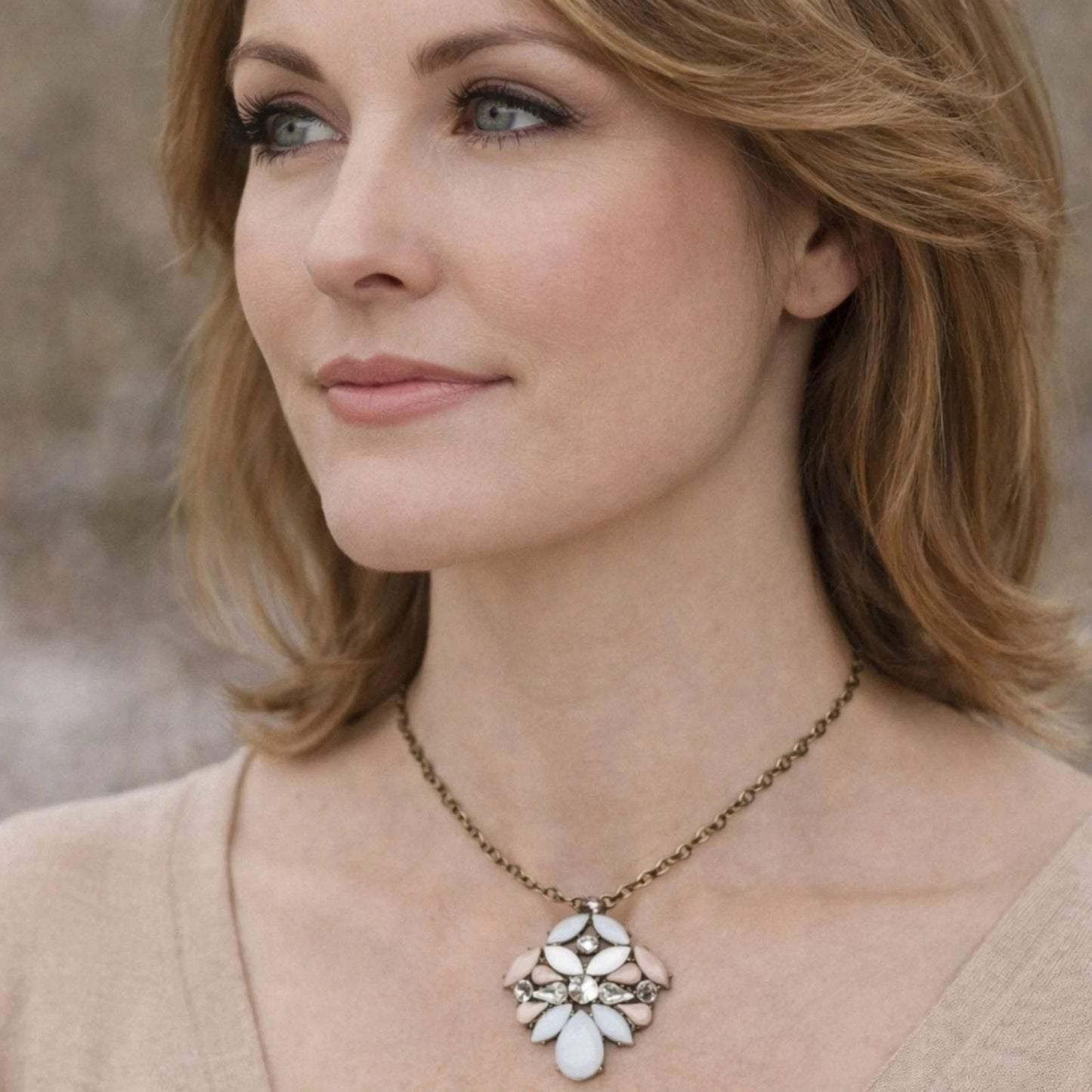 The Limited Gold Tone Floral Pendant Necklace White Blush Pink Rhinestones