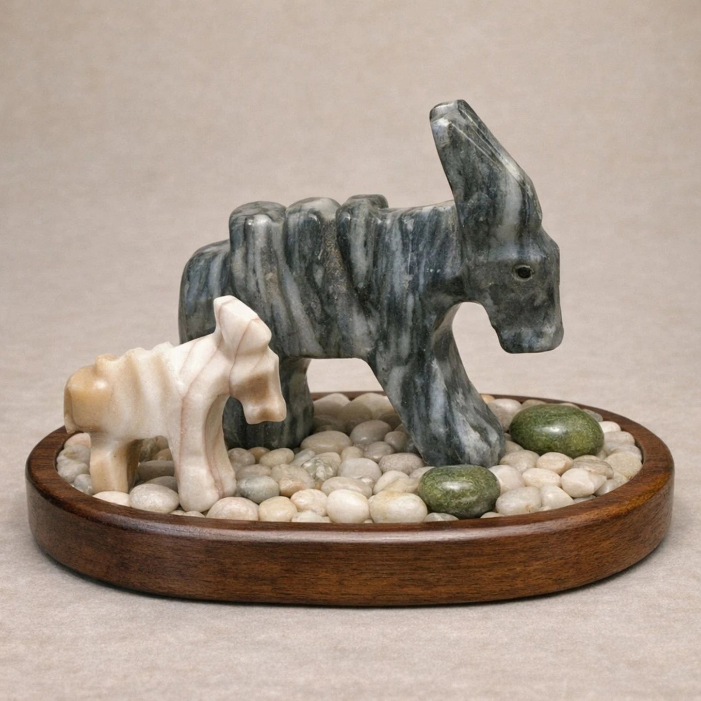 Vintage Hand Carved Stone Donkey Figurines Pair Gray & White
